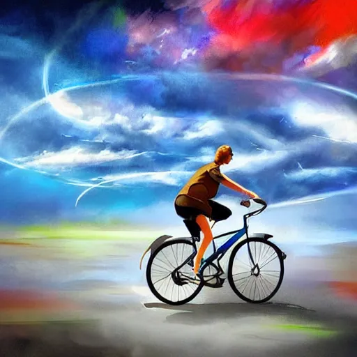 Image similar to The joy of riding a bike through the sky, striking composition, evokes feelings of wonder, expressive digital painting