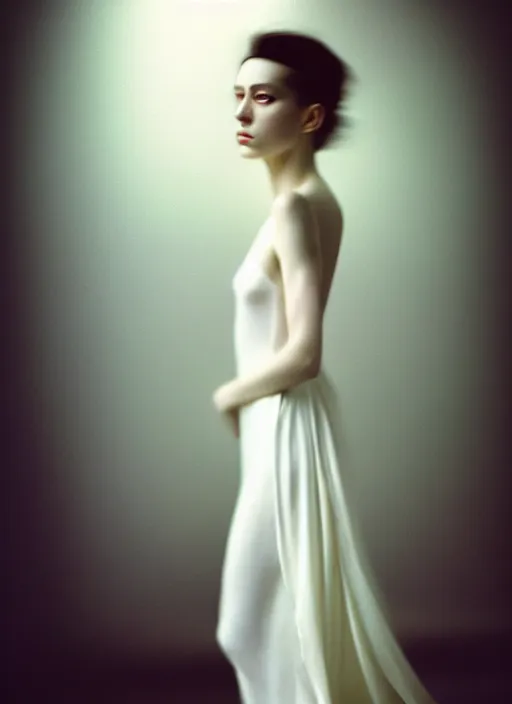 Image similar to kodak portra 4 0 0 motion blur photo portrait of a beautiful woman in style of antoine d'agata, dressed a long white, elegant, highly detailed, sharp focus,, octane render, ethereal, out worldly colours, emotionally evoking, head in focus, soft blur light dreamy coloured gel, volumetric lighting unreal engine, epic fantasy