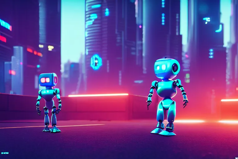 Image similar to a cute little robots in at cyberpunk city. super realistic 8 k render of a elegant, cinematic composition