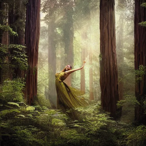 Prompt: a highly detailed photograph of a fairy surrounded by butterflies in a redwood forest by Annie Leibovitz, dramatic lighting