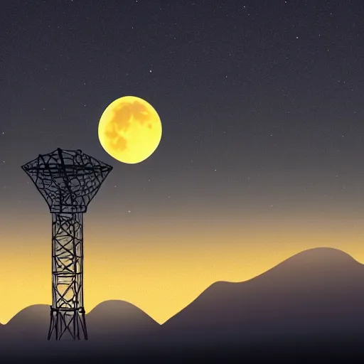 Prompt: Mountain at night, radio tower on top of it with yellow moon behind. Misty landscape, digital art, artstation, 4k high detailed art