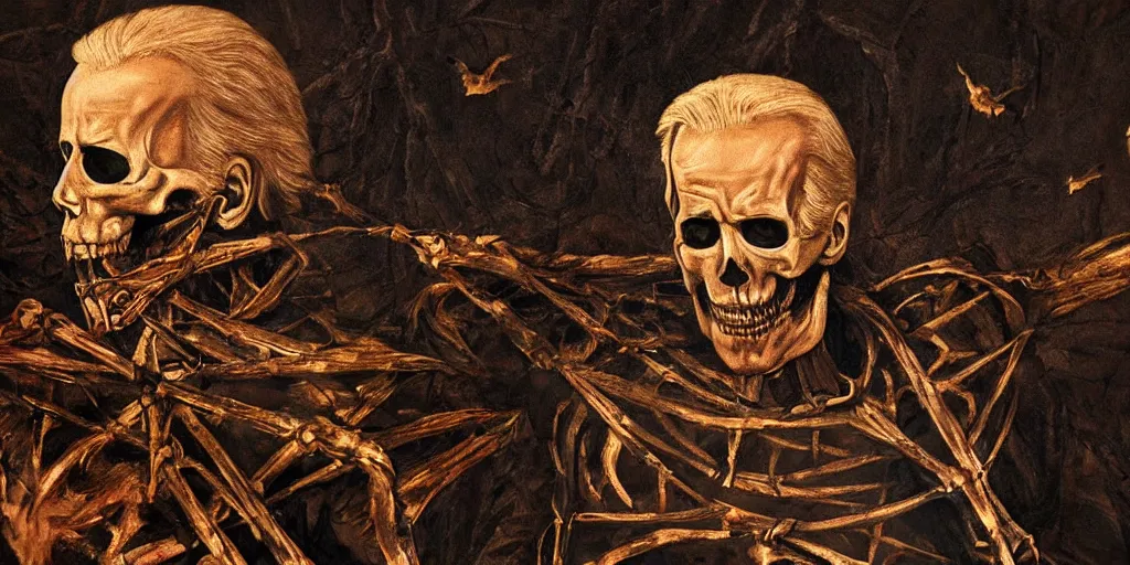 Prompt: biden in dante's inferno painting, crows, skeletons, crosses, dark beauty, rotten gold, perfect faces, extremely detailed, cinema 4 d, unreal engine.