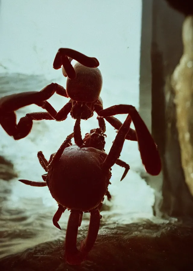 Prompt: live action mr krabs, portrait photo taken by annie leibovitz, dramatic lighting, 8 5 mm f / 2. 4, kodak portra, color film