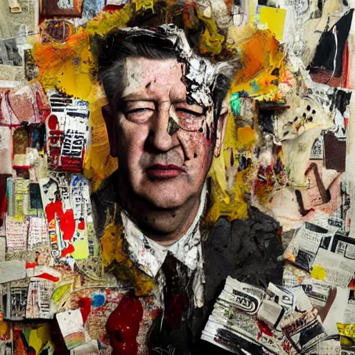 Image similar to hyperrealistic, photorealistic, mixed media oil painting of david lynch, magazine scraps, plaster, blood, oil, mustard, cigarettes, splatter, greg rutkowski, basquiat, ralph steadman, terry gilliam