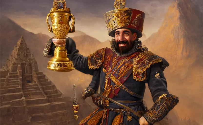 Image similar to smiling spanish conquer soldier francisco pizarro holding golden cup on a inca temple, wide view, high detailed, full perfect, symmetrical portrait, high detail, by craig mullins, peter mohrbacher, unreal engine, octane rendered, 8 k, dark beauty, trending on artstation