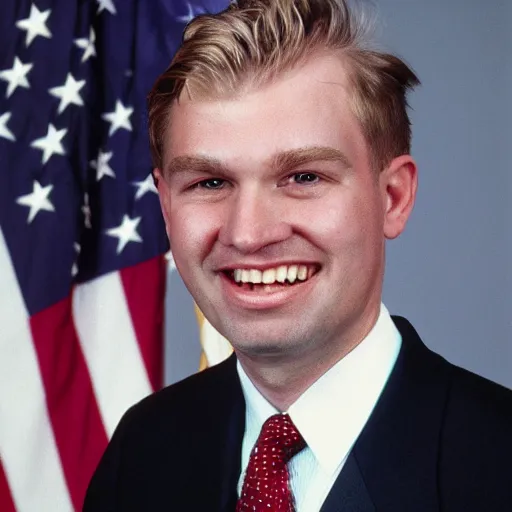 Image similar to official portrait of the united states president, 1994. He is a 35 year old white man from Texas with blond hair and a scar on his cheek.