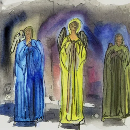 Prompt: a group of angels is standing outside coventry cathedral at night. watercolour, peaceful