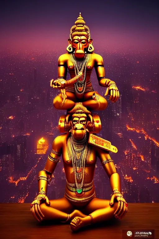 Image similar to high quality 3 d render colorful cyborg! hanuman sitting, gold madhubani, highly detailed, cyberpunk!! mumbai in the background, vray cinematic smooth, blade runner, moody light, low angle, uhd 8 k, sharp focus