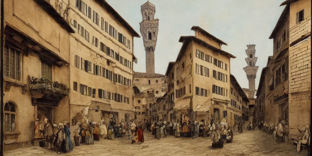 Image similar to florence old street in 1 6 th century with a tower in background, by hiroshi yoshida, trending on artstation