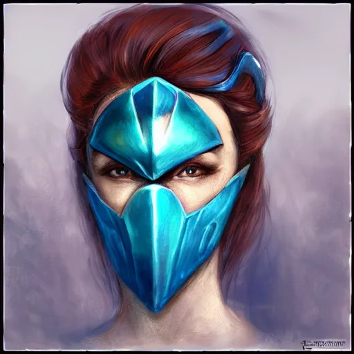 Image similar to bandit from ‘ icewind dale ’, with a frost blue gem mask lined with copper, ‘ icewind dale 2 ’ profile portrait by ‘ justin sweet ’, falling snow, soft focus, illustration, oil paint, artstation