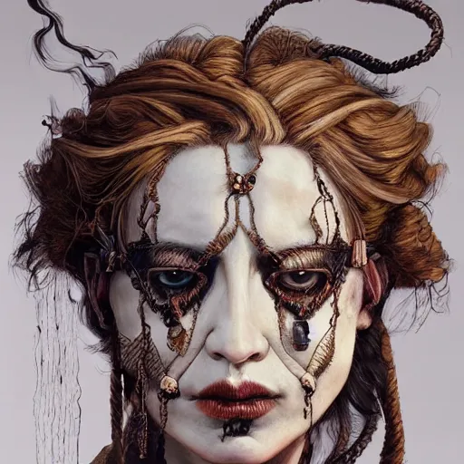 Image similar to portrait of a Shibari rope wrapped face and neck, headshot, insanely nice professional hair style, dramatic hair color, digital painting, of a old 17th century, old cyborg merchant, amber jewels, baroque, ornate clothing, scifi, realistic, hyperdetailed, chiaroscuro, concept art, art by Franz Hals and Jon Foster and Ayami Kojima and Amano and Karol Bak,