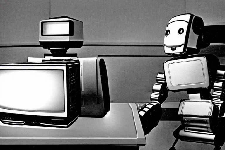 Image similar to robot sitting in a galaxy recliner, from 1986, bathed in the glow of a crt television, tv screens in background, low-light photograph, in style of terry richardson