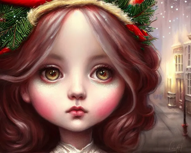 Image similar to closeup profile portrait of victorian london streets, nicoletta ceccoli, mark ryden, lostfish, max fleischer, hyper realistic, artstation, illustration, digital paint, matte paint, vivid colors, bright, cheerful, detailed and intricate christmas environment