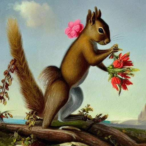 Image similar to a squirrel carrying napoleon bonaparte on its back, beach scene with flowers and foliage, detailed oil painting