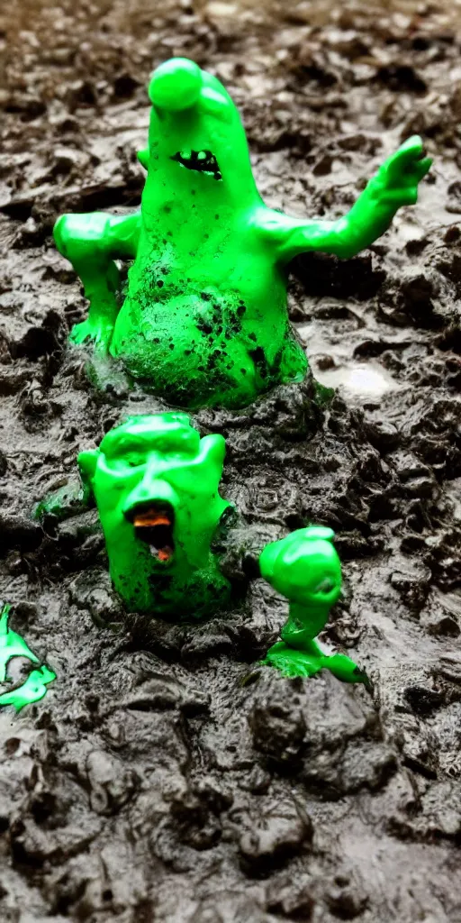 Image similar to bootleg figure of a plastic green acid hedorah diorama drowning in the mud water, secondhand, rain stormcloud, mcfarlane, cursed photography, middle shot