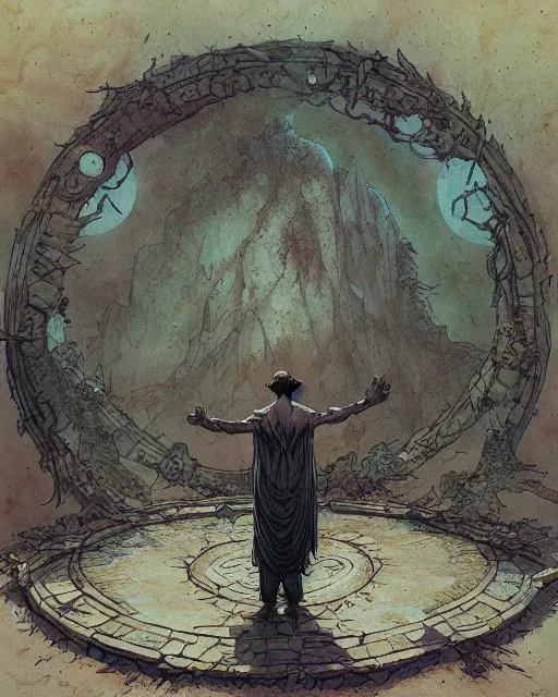 Prompt: a druid standing in a circle at the beginning of the world by greg rutkowski and frank frazetta and peter mohrbacher and william blake and dan mumford