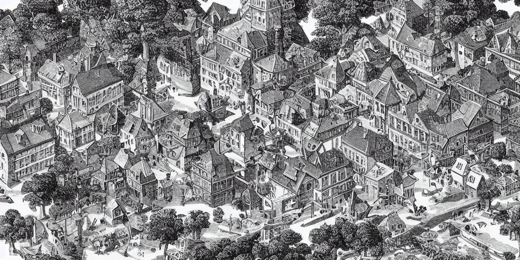 Prompt: isometric strategy game view, 1 8 th century german village, amazing detail, game art by moebius,