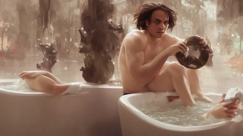 Prompt: Frank Dillane taking a bubble bath, bashful, shy, awkward, adorable, professional digital painting, artstation, concept art, smooth, sharp focus, no blur, no dof, extreme illustration, Unreal Engine 5, 8K, art by artgerm and greg rutkowski and alphonse mucha and loish and WLOP