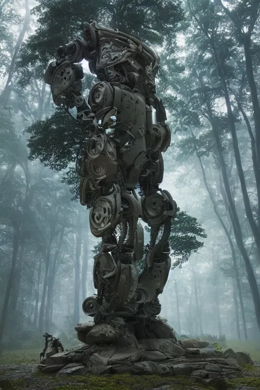 Image similar to A large robot stone statue in the middle of a forest by Greg Rutkowski, Sung Choi, Mitchell Mohrhauser, Maciej Kuciara, Johnson Ting, Maxim Verehin, Peter Konig, final fantasy , 8k photorealistic, cinematic lighting, HD, high details, atmospheric,