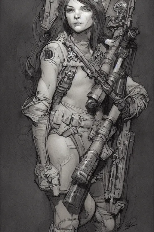 Image similar to pencil sketch of cute soldier girl by marc simonetti and brian froud and Mike Mignola and Alfons Maria Mucha and peter mohrbacher, hyperdetailed