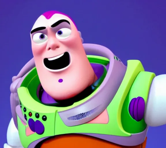 Image similar to buzz lightyear melting into a pizza with a look of shame and sadness on his face.