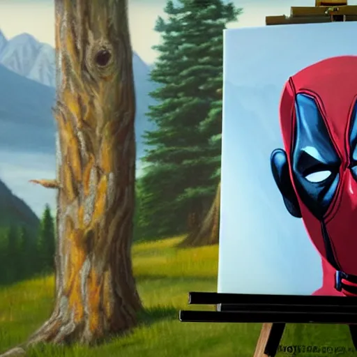 Image similar to a closeup photorealistic photograph of bob ross working on a canvas painting of deadpool. film still. brightly lit scene. mountains and trees. this 4 k hd image is trending on artstation, featured on behance, well - rendered, extra crisp, features intricate detail, epic composition and the style of unreal engine.