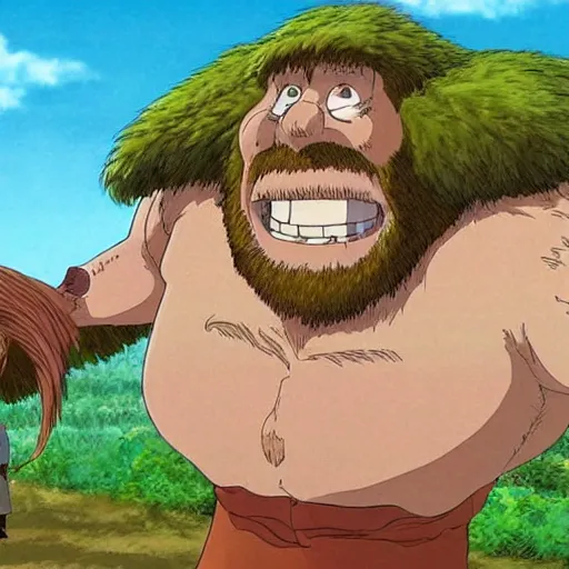 Prompt: a realistic cell - shaded studio ghibli concept art from paprika ( 2 0 0 6 ) of a giant caveman. very dull colors, wide shot, hd, 4 k, hq