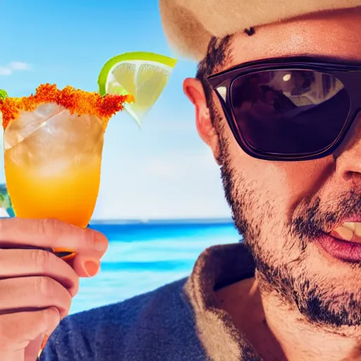 Prompt: a man with a donkey head wearing cool sunglasses is holding a coctail at the beach, 8k, hyper-detailed, photorealistic