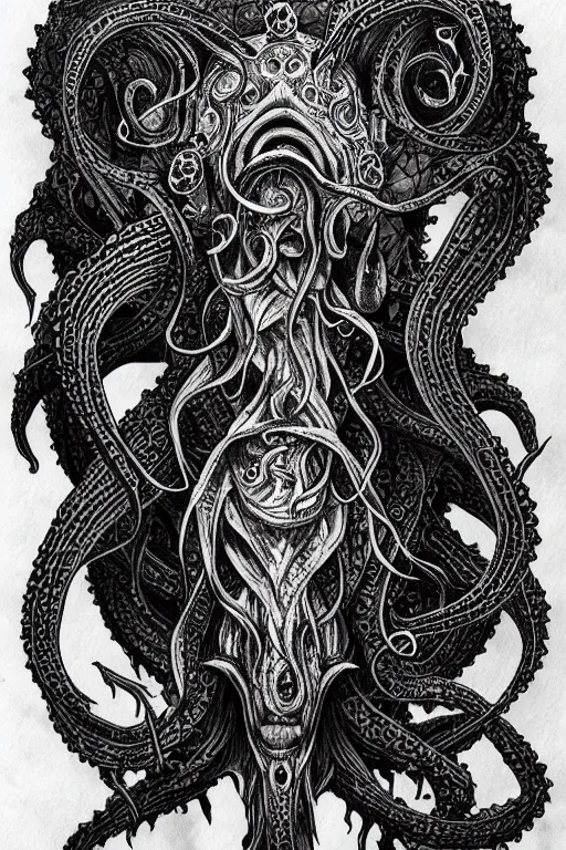 Image similar to black ink on paper, illithid cthulhu, trending on artstation, beautiful, intricate, detailed