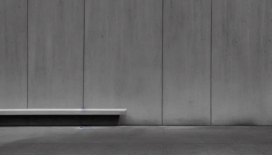 Image similar to a concrete bench sitting in front of a building, a raytraced image by David Chipperfield, unsplash, brutalism, constructivism, dynamic composition, high dynamic range