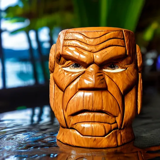 Image similar to a closeup photorealistic photograph of ben grimm's face on a tiki mug at trader vic's beach bar. fantastic four. tiki culture. bright scene. fine detail. this 4 k hd image is trending on artstation, featured on behance, well - rendered, extra crisp, features intricate detail, epic composition and the style of unreal engine.