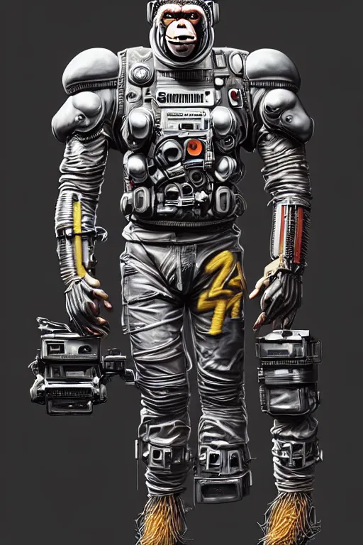 Image similar to a portrait of a muscular anthropomorphic cyberpunk chimp in spacesuit armor with ensignia on chest plate by sandra chevrier, by jon foster, detailed render, pistol in holster, extremely hyperdetailed, tape deck, epic composition, cybernetics, 4 k realistic, cryengine, realistic shaded lighting, sharp focus, masterpiece, by enki bilal