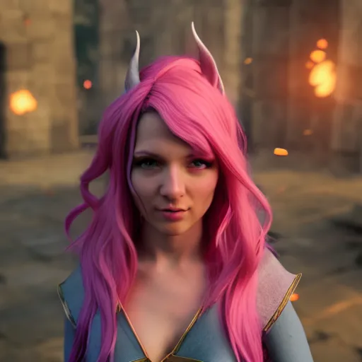 Prompt: attractive cleric half elf woman with pink hair, beautiful, 4 k, 8 k, unreal render, cinematic lighting