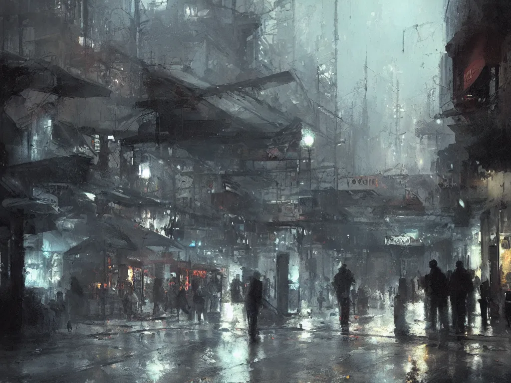 Image similar to detailed street scene, volumetric lighting, painting by jeremy mann