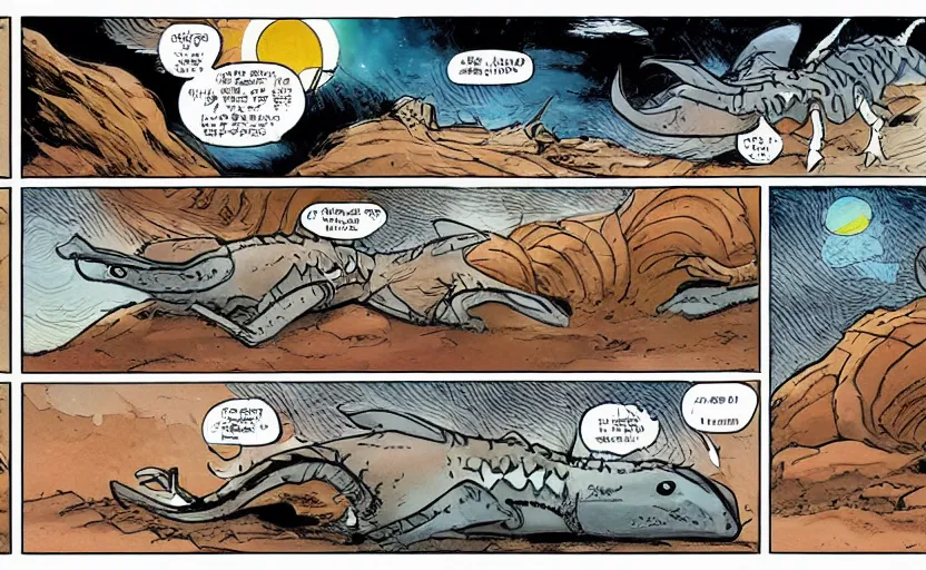 Image similar to incredible eye catching comic panel showing a desert mouse riding a sandworm of the deep desert