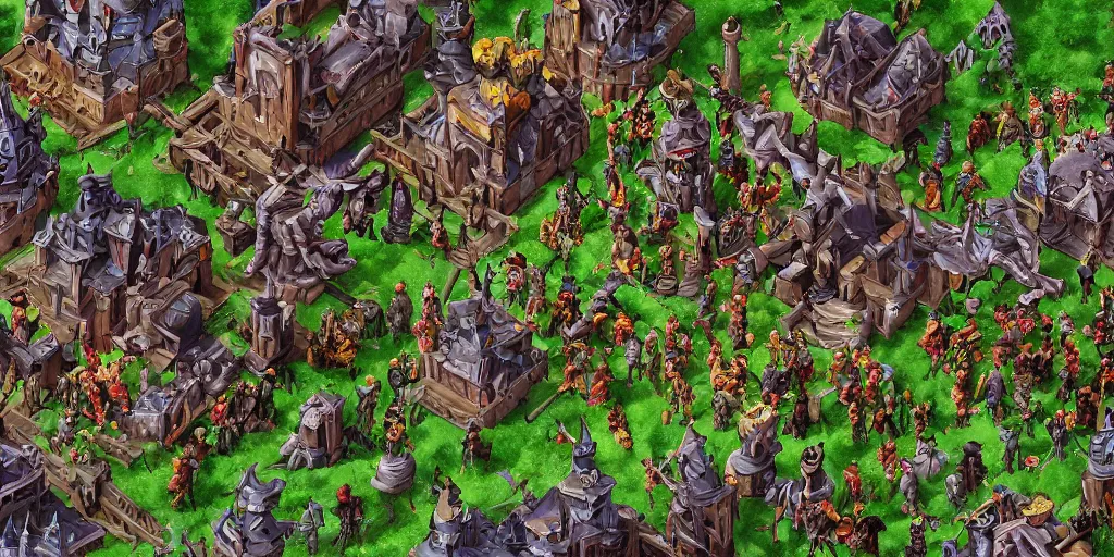 Image similar to Evil mage is standing on top of his tower, raising hands up high and leading his horde of zombies to outer lands. Isometric, high angle, big scale battle map. Highly detailed digital art, unreal engine.
