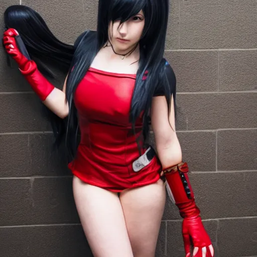 Image similar to a photo of a cosplay of Tifa from final fantasy 7 remake at ComicCon, very detailed, studio lighting, award winning, full body with legs, full legs, shot on 16mm film, shot on red 6k camera, 8k