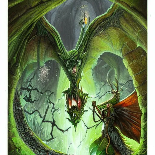 Image similar to fairy tale, painting, large green dragon, dnd, inside a dungeon, realistic, dungeons and dragons, art