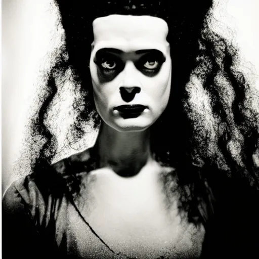 Prompt: symmetrical human portrait of bride of frankenstein as marge simpson, grainy high contrast black and white photography photo print ilford warm tone
