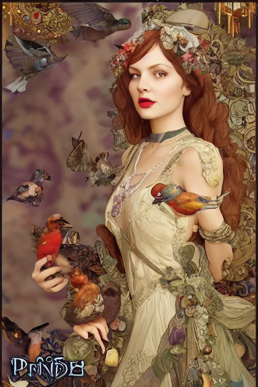 Image similar to face 3 d render of english princess holding birds, ornaments, mucha vibe, dieselpunk, solarpunk, artstation