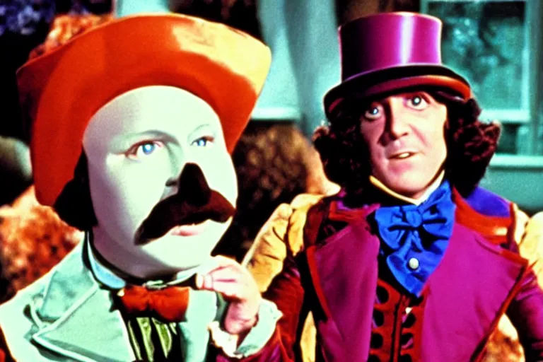 Prompt: Film still of Stephen Fly as Willy Wonka in Willy Wonka and the Chocolate Factory 1971