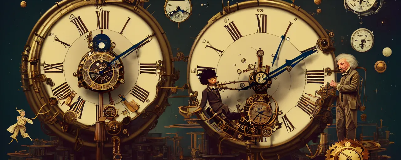 Image similar to duotone steampunk illustration 3 / 4 portrait of albert einstein measuring time on vintage steampunk clock in outer space. golden ratio accidental renaissance. by sachin teng and sergey kolesov and ruan jia and heng z. graffiti art, scifi, fantasy, hyper detailed. octane render. concept art. trending on artstation