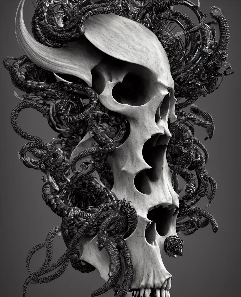 Image similar to goddess princess face close-up portrait ram skull. sculpture made of black obsidian. jellyfish phoenix head, nautilus, orchid, skull, betta fish, bioluminiscent creatures, intricate artwork by Tooth Wu and wlop and beeple. octane render, trending on artstation, greg rutkowski very coherent symmetrical artwork. cinematic, hyper realism, high detail, octane render, 8k