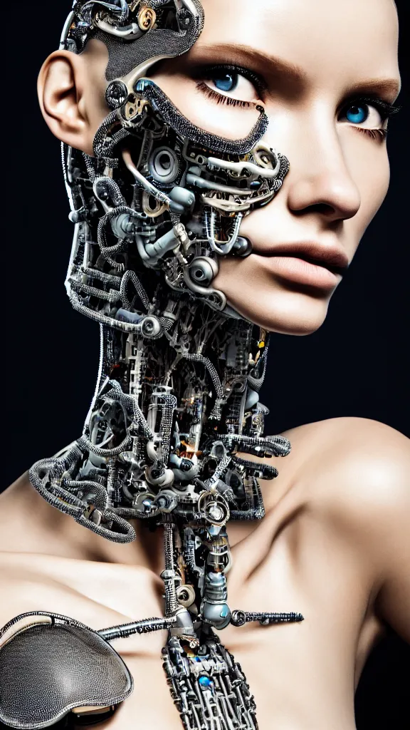 Image similar to a stunning young female cyborg profile face, face is made intricate tribal bio - mechanical, editorial photography, schlieren, depth of field, f / 2. 8, high contrast, 1 6 k, rays of shimmering light, volumetric lighting, shiny, insanely detailed and intricate, hypermaximalist, elegant, ornate, hyper realistic, super detailed