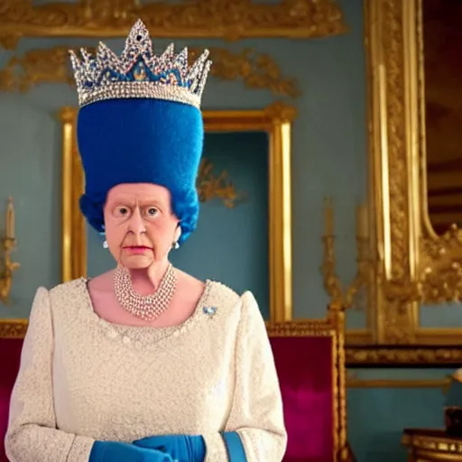 Image similar to movie still of marge simpson as the queen of england