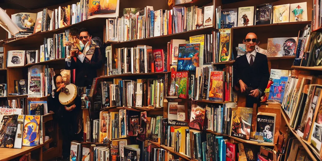 Image similar to “a portrait of a space alien mariachi band in a book store, Sigma 24mm f/8”