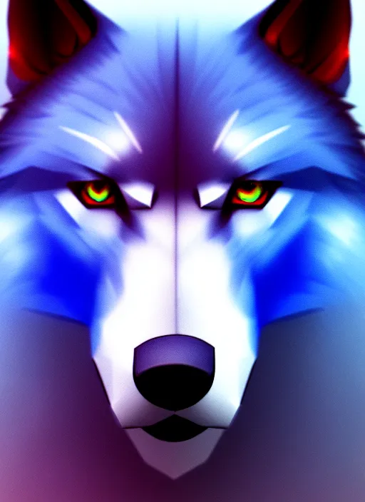 Image similar to blue wolf, red eyes highly detailed, deep focus, digital painting, smooth, sharp focus, illustration, trending on artstation, 4 k