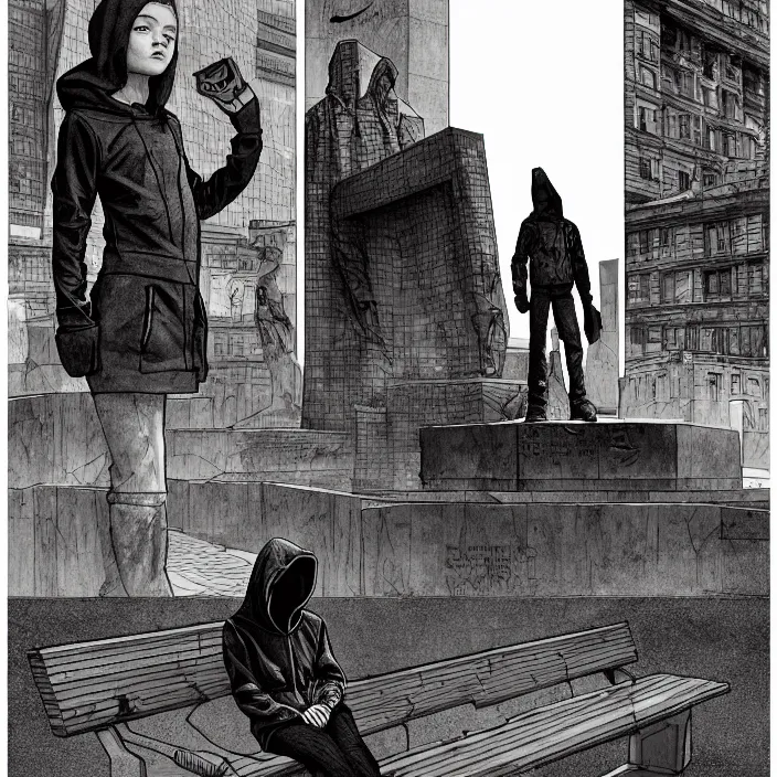 Prompt: storyboard : sadie sink in hoodie sitting on a bench in ruined square, pedestrians walk by, soviet monument and propaganda posters. scifi cyberpunk. by gabriel hardman. cinematic atmosphere, detailed and intricate, perfect anatomy