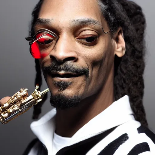 Image similar to Snoop Dog with big eyes eye color red , smiling and holding a joint in his hand