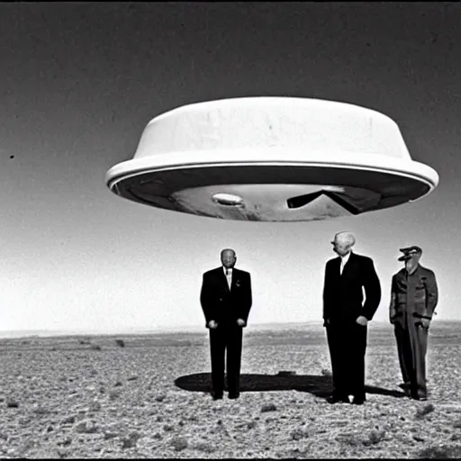 Image similar to president eisenhower aboarding a ufo in the desert as high ranked government officials are watching, black and white old photo